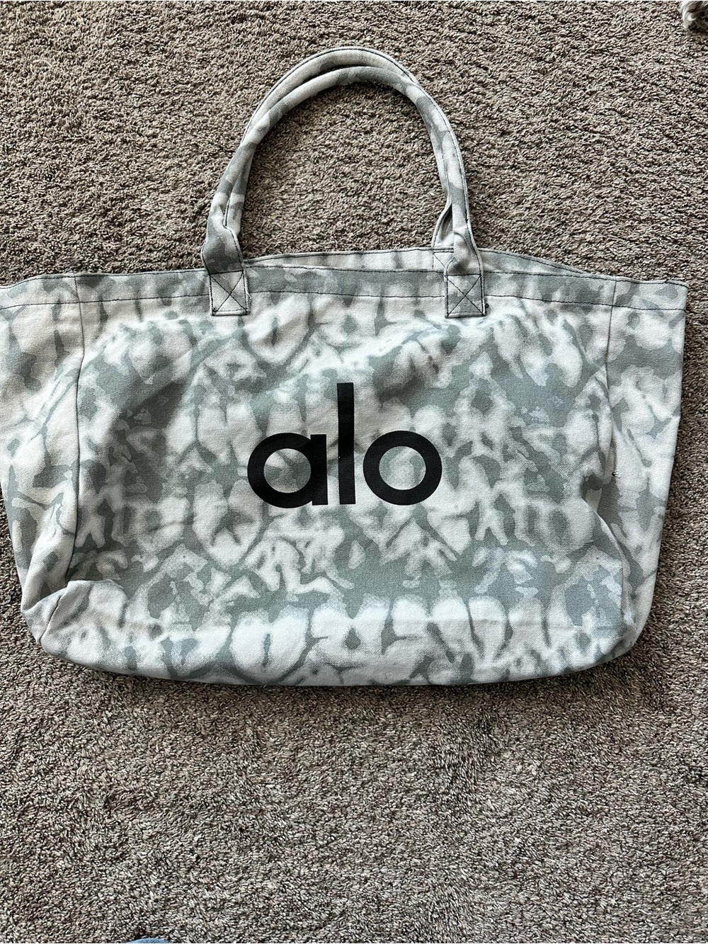 ALO YOGA Grey White Tie Dye Iconic Shopper Canvas Tote Bag